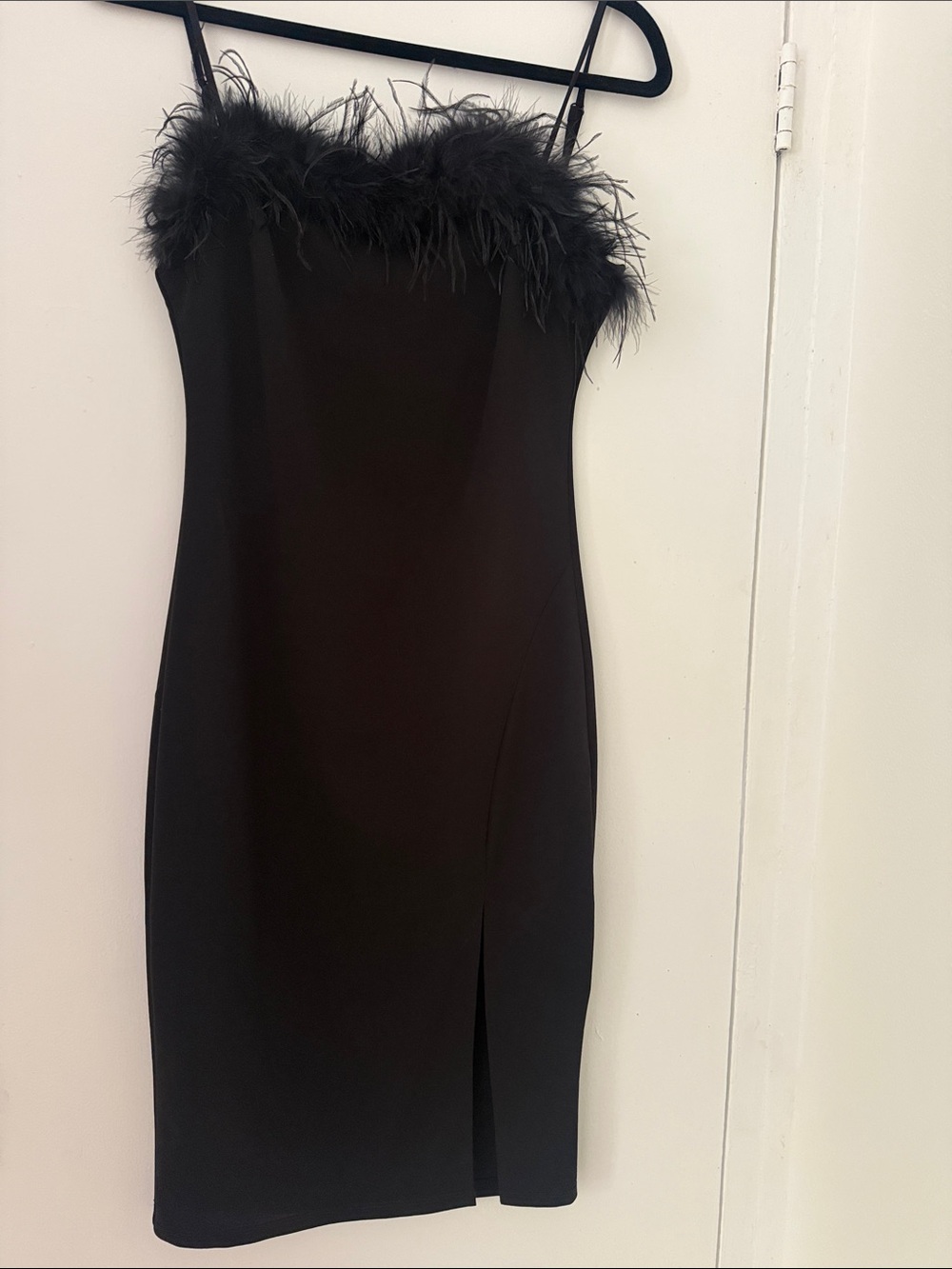 Black Feather Trim Mini Dress with Slim Silhouette